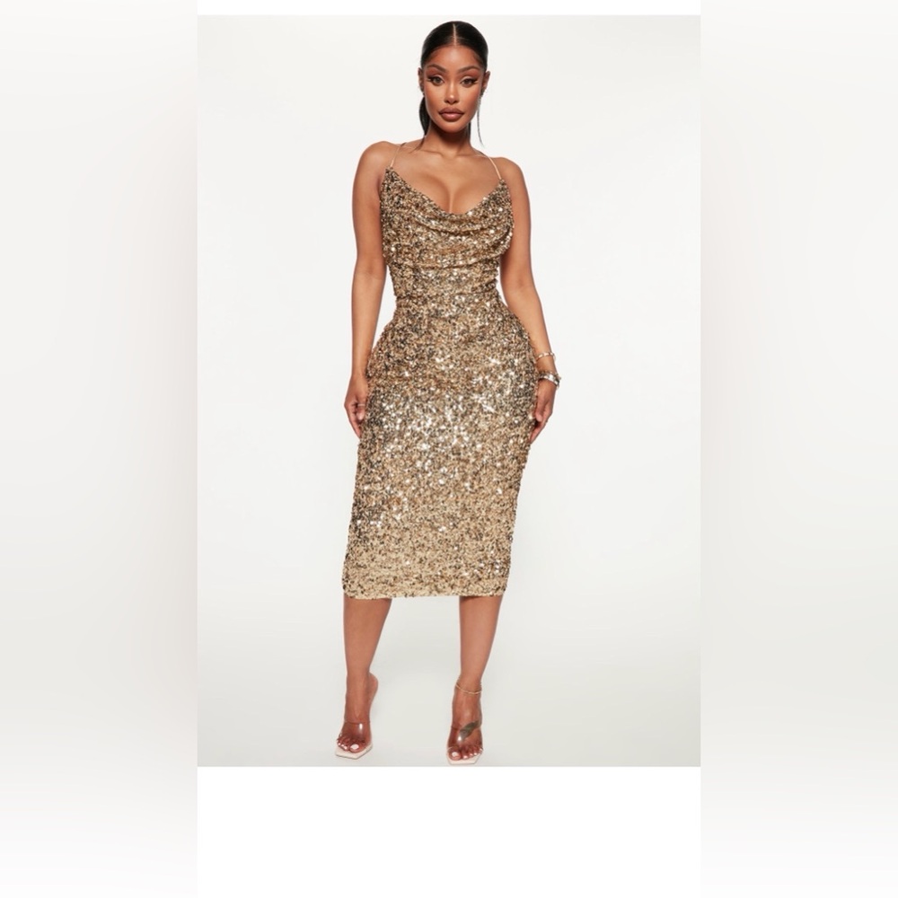 Fashion Nova Gold Sequin Cowl Neck Midi Dress